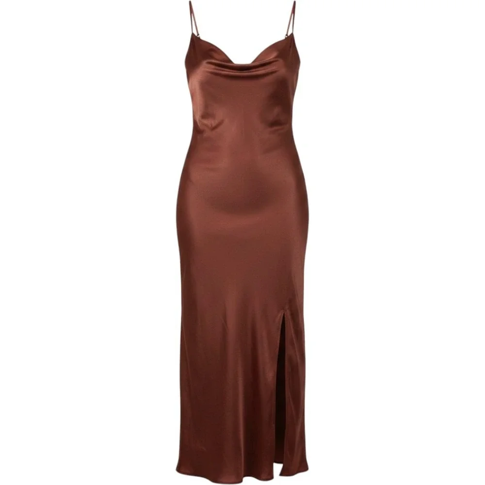 Justify Rust‎ Brown Cowl Neck Satin Midi Slip Dress with Side Slit Size L NEW